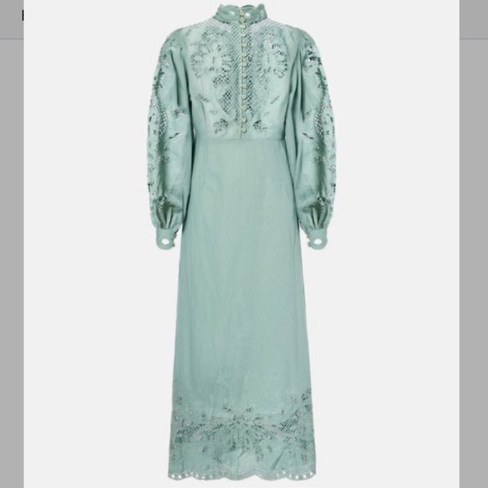 Farm Rio Broderie Linen and Cotton midi dress Green